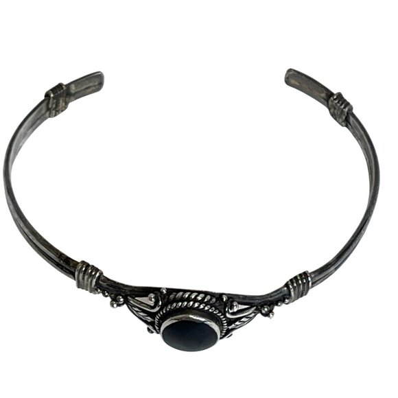 925 Sterling Silver Black Onyx Oval Cabochon Cuff Bracelet Native American VTG - Picture 12 of 16